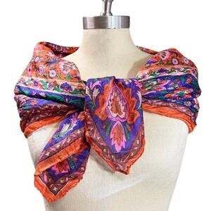 VTG 100% Silk Scarf Wrap Orange Purple Paisley Floral Boho Festival Artsy 34x34